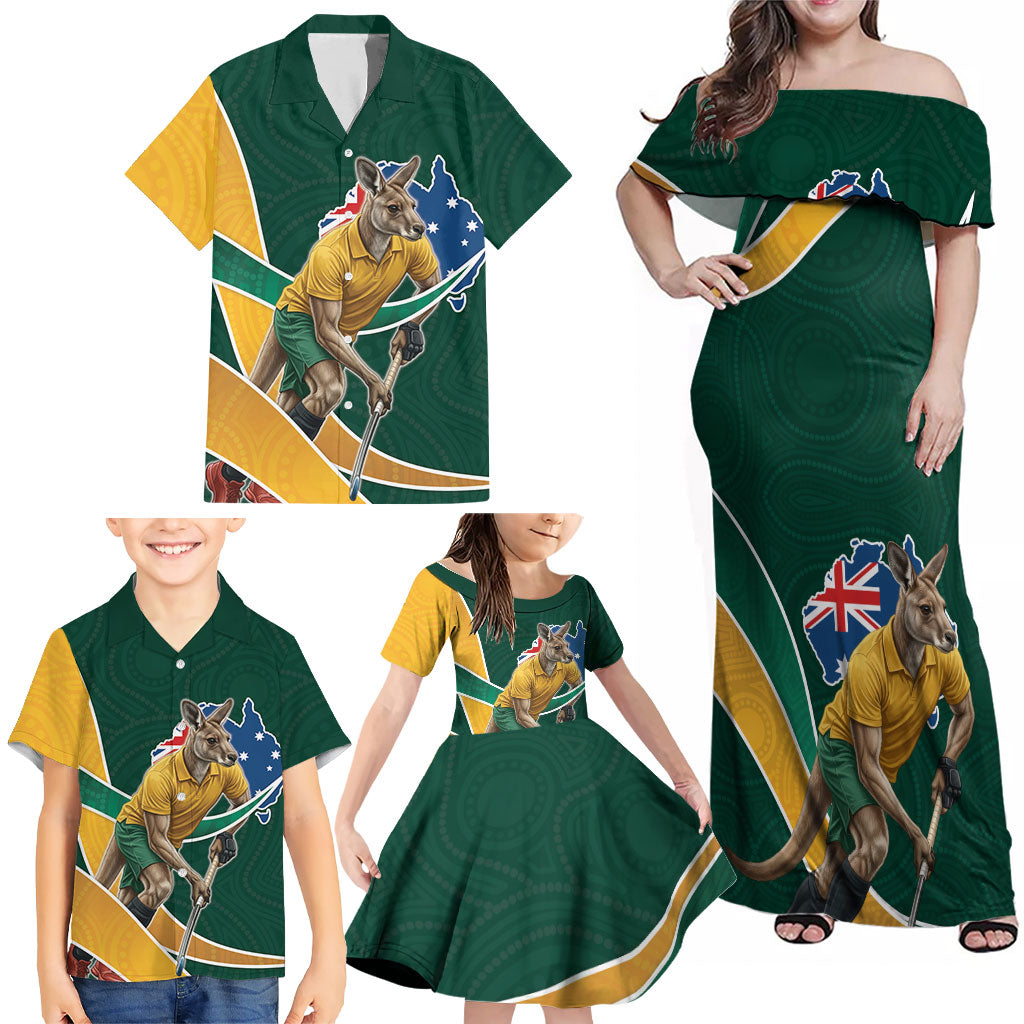 Personalized Kookaburras Field Hockey Kangaroo Family Matching Off Shoulder Maxi Dress and Hawaiian Shirt Australian Flag Map With Abstract Green And Gold Wave Pattern