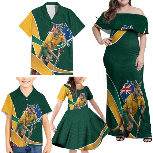 Personalized Kookaburras Field Hockey Kangaroo Family Matching Off Shoulder Maxi Dress and Hawaiian Shirt Australian Flag Map With Abstract Green And Gold Wave Pattern