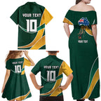 Personalized Kookaburras Field Hockey Kangaroo Family Matching Off Shoulder Maxi Dress and Hawaiian Shirt Australian Flag Map With Abstract Green And Gold Wave Pattern