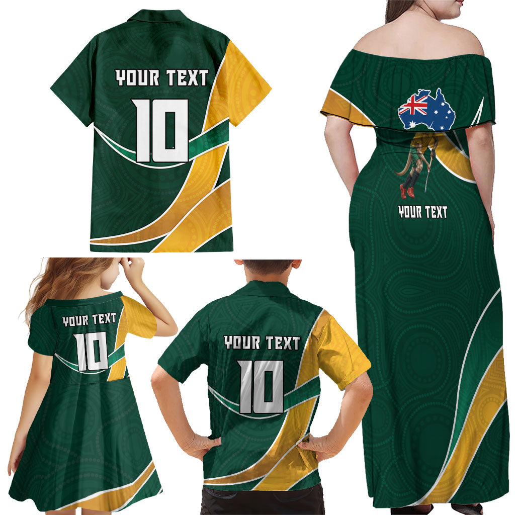 Personalized Kookaburras Field Hockey Kangaroo Family Matching Off Shoulder Maxi Dress and Hawaiian Shirt Australian Flag Map With Abstract Green And Gold Wave Pattern
