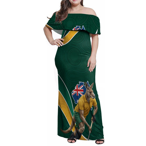 Personalized Kookaburras Field Hockey Kangaroo Family Matching Off Shoulder Maxi Dress and Hawaiian Shirt Australian Flag Map With Abstract Green And Gold Wave Pattern