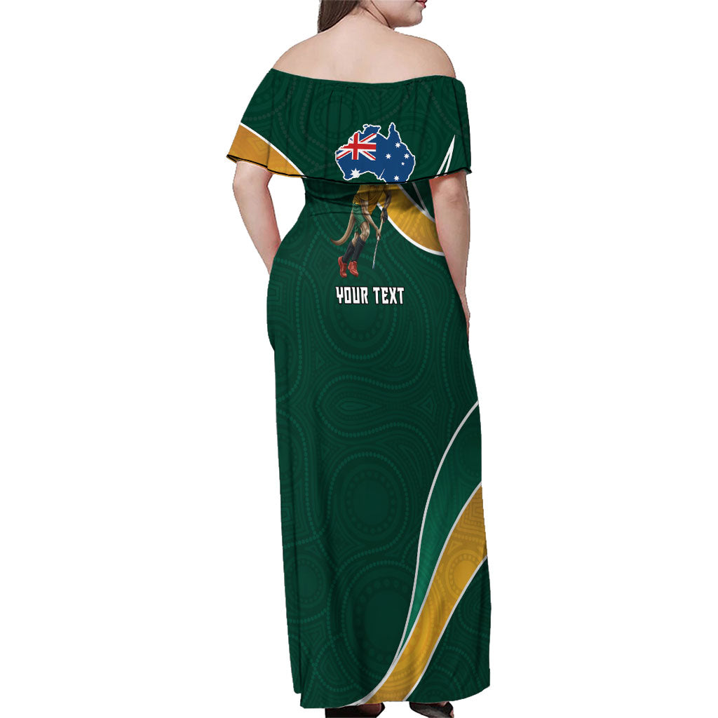 Personalized Kookaburras Field Hockey Kangaroo Family Matching Off Shoulder Maxi Dress and Hawaiian Shirt Australian Flag Map With Abstract Green And Gold Wave Pattern