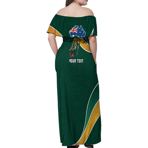 Personalized Kookaburras Field Hockey Kangaroo Family Matching Off Shoulder Maxi Dress and Hawaiian Shirt Australian Flag Map With Abstract Green And Gold Wave Pattern