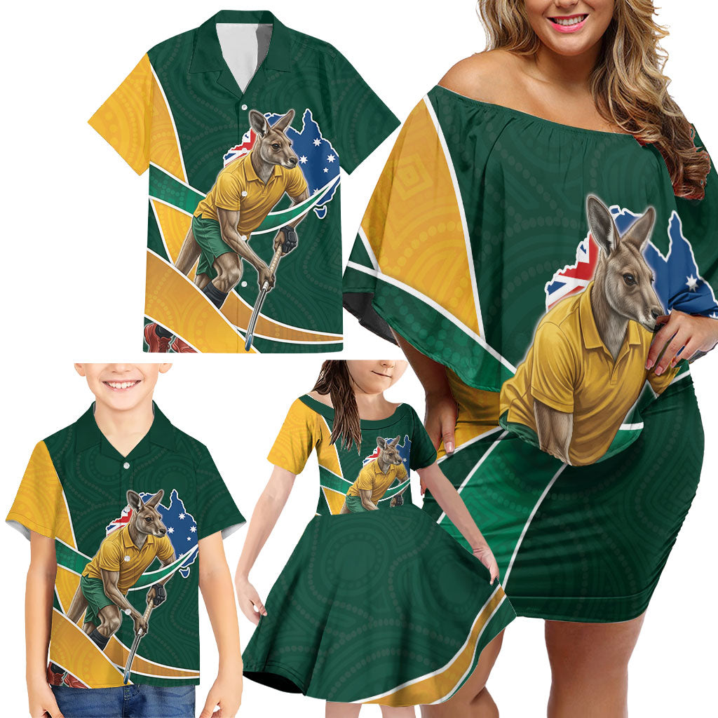 Personalized Kookaburras Field Hockey Kangaroo Family Matching Off Shoulder Short Dress and Hawaiian Shirt Australian Flag Map With Abstract Green And Gold Wave Pattern