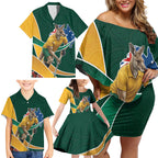 Personalized Kookaburras Field Hockey Kangaroo Family Matching Off Shoulder Short Dress and Hawaiian Shirt Australian Flag Map With Abstract Green And Gold Wave Pattern