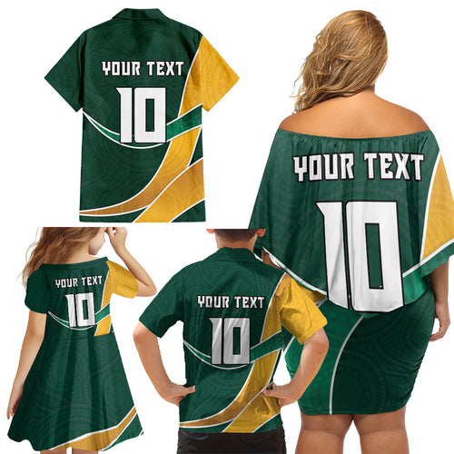 Personalized Kookaburras Field Hockey Kangaroo Family Matching Off Shoulder Short Dress and Hawaiian Shirt Australian Flag Map With Abstract Green And Gold Wave Pattern