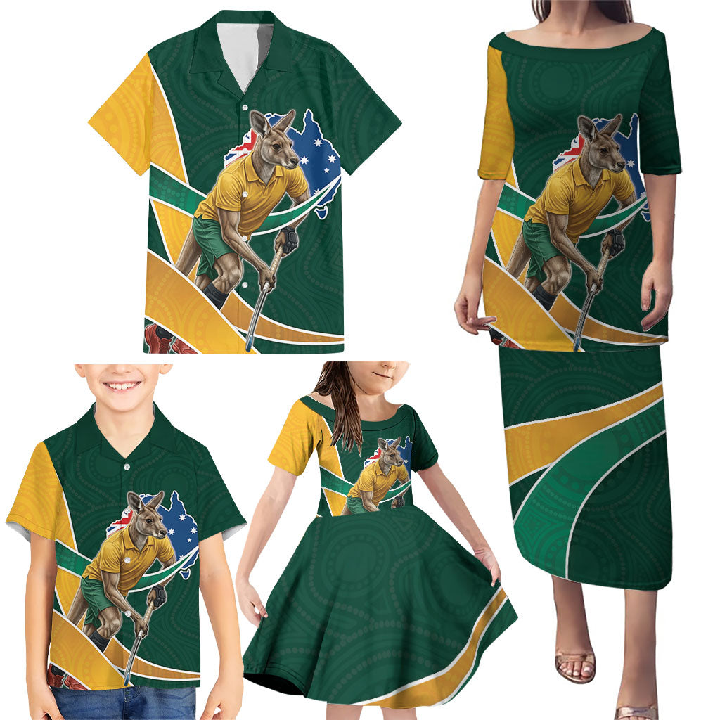 Personalized Kookaburras Field Hockey Kangaroo Family Matching Puletasi and Hawaiian Shirt Australian Flag Map With Abstract Green And Gold Wave Pattern