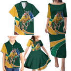 Personalized Kookaburras Field Hockey Kangaroo Family Matching Puletasi and Hawaiian Shirt Australian Flag Map With Abstract Green And Gold Wave Pattern