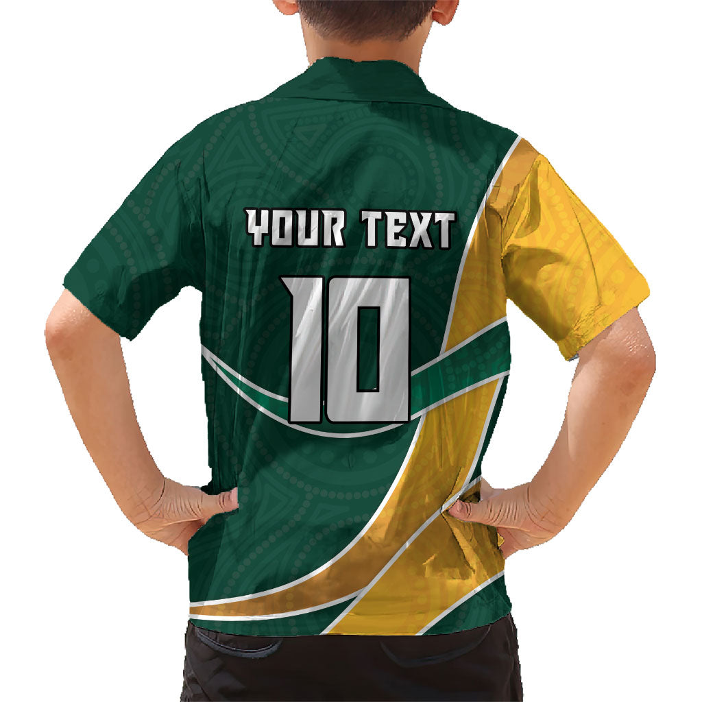 Personalized Kookaburras Field Hockey Kangaroo Family Matching Puletasi and Hawaiian Shirt Australian Flag Map With Abstract Green And Gold Wave Pattern