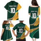 Personalized Kookaburras Field Hockey Kangaroo Family Matching Puletasi and Hawaiian Shirt Australian Flag Map With Abstract Green And Gold Wave Pattern
