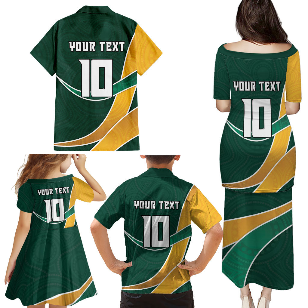 Personalized Kookaburras Field Hockey Kangaroo Family Matching Puletasi and Hawaiian Shirt Australian Flag Map With Abstract Green And Gold Wave Pattern