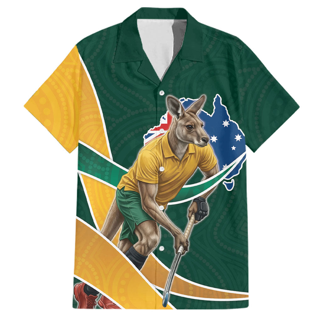 Personalized Kookaburras Field Hockey Kangaroo Family Matching Puletasi and Hawaiian Shirt Australian Flag Map With Abstract Green And Gold Wave Pattern