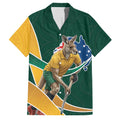 Personalized Kookaburras Field Hockey Kangaroo Family Matching Puletasi and Hawaiian Shirt Australian Flag Map With Abstract Green And Gold Wave Pattern