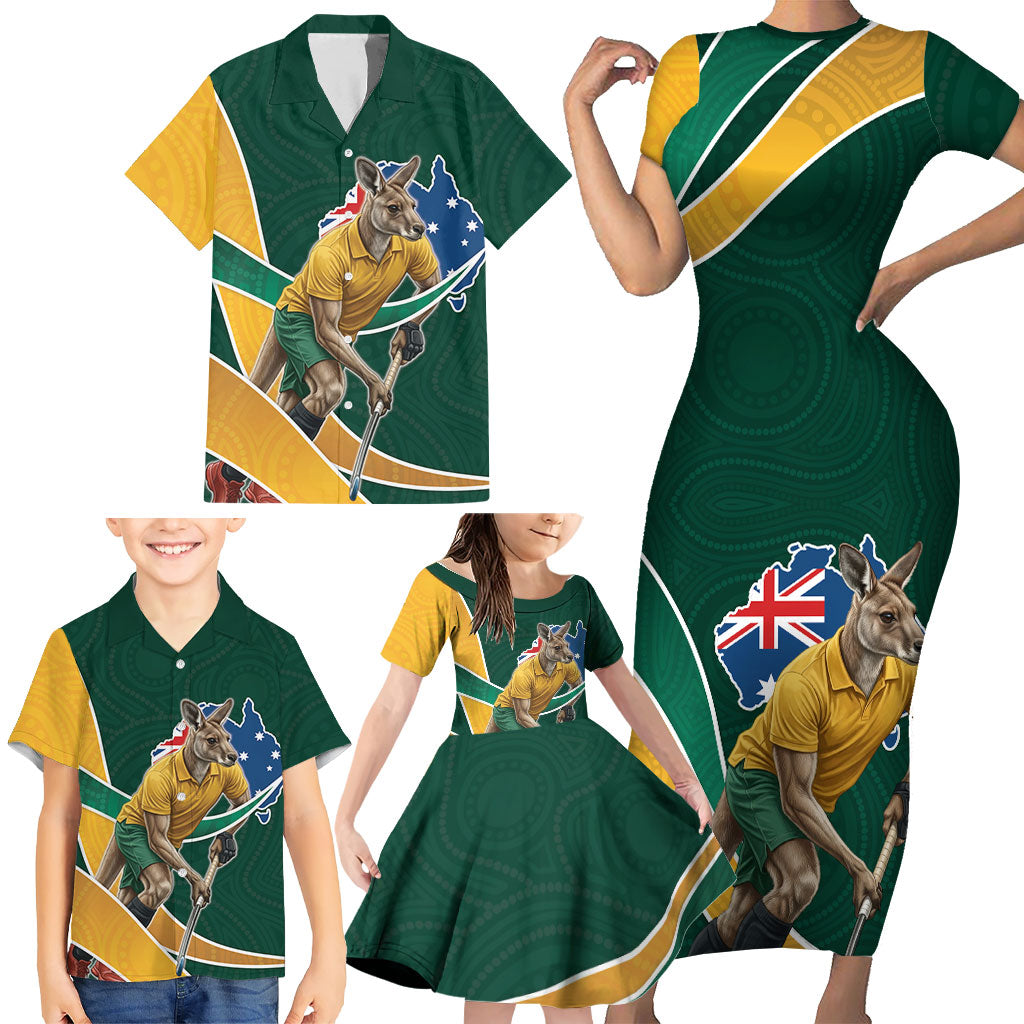 Personalized Kookaburras Field Hockey Kangaroo Family Matching Short Sleeve Bodycon Dress and Hawaiian Shirt Australian Flag Map With Abstract Green And Gold Wave Pattern