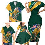 Personalized Kookaburras Field Hockey Kangaroo Family Matching Short Sleeve Bodycon Dress and Hawaiian Shirt Australian Flag Map With Abstract Green And Gold Wave Pattern