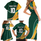 Personalized Kookaburras Field Hockey Kangaroo Family Matching Short Sleeve Bodycon Dress and Hawaiian Shirt Australian Flag Map With Abstract Green And Gold Wave Pattern