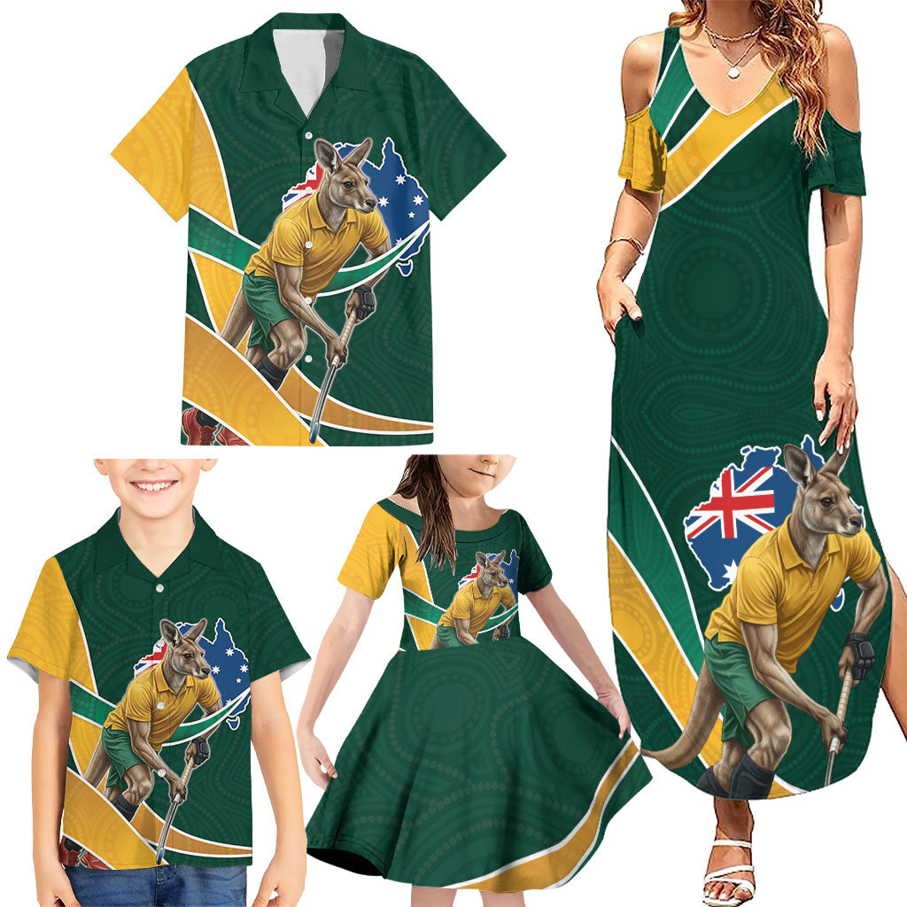 Personalized Kookaburras Field Hockey Kangaroo Family Matching Summer Maxi Dress and Hawaiian Shirt Australian Flag Map With Abstract Green And Gold Wave Pattern