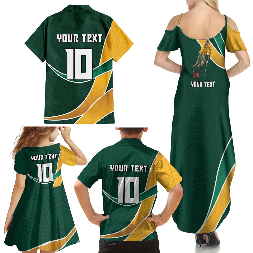 Personalized Kookaburras Field Hockey Kangaroo Family Matching Summer Maxi Dress and Hawaiian Shirt Australian Flag Map With Abstract Green And Gold Wave Pattern