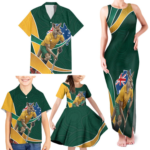 Personalized Kookaburras Field Hockey Kangaroo Family Matching Tank Maxi Dress and Hawaiian Shirt Australian Flag Map With Abstract Green And Gold Wave Pattern