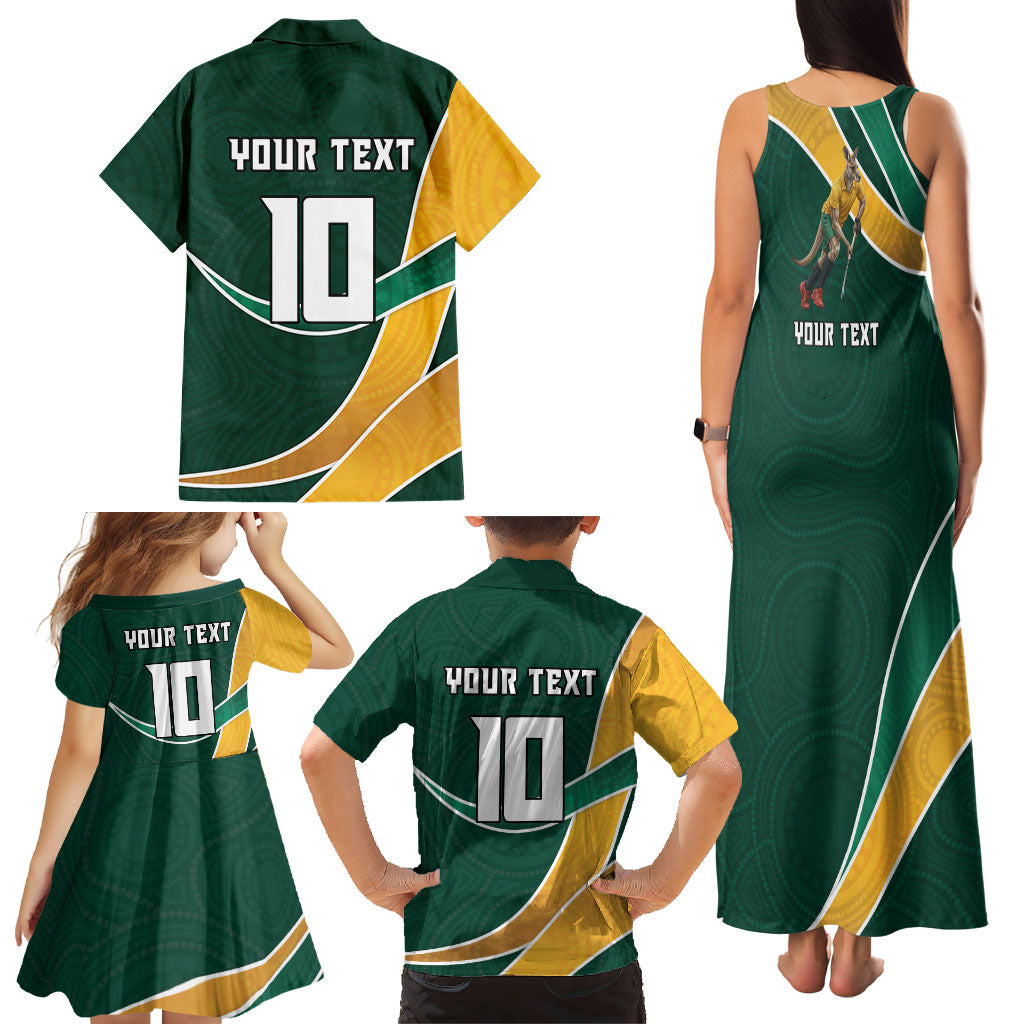 Personalized Kookaburras Field Hockey Kangaroo Family Matching Tank Maxi Dress and Hawaiian Shirt Australian Flag Map With Abstract Green And Gold Wave Pattern