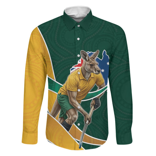 Personalized Kookaburras Field Hockey Kangaroo Family Matching Tank Maxi Dress and Hawaiian Shirt Australian Flag Map With Abstract Green And Gold Wave Pattern
