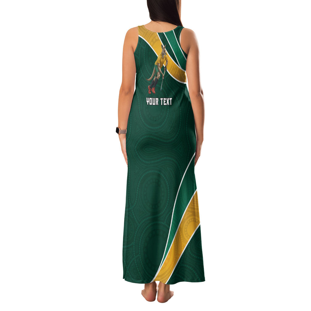 Personalized Kookaburras Field Hockey Kangaroo Family Matching Tank Maxi Dress and Hawaiian Shirt Australian Flag Map With Abstract Green And Gold Wave Pattern