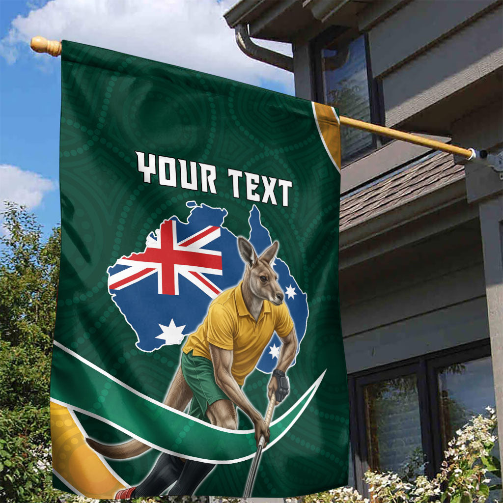 Personalized Kookaburras Field Hockey Kangaroo Garden Flag Australian Flag Map With Abstract Green And Gold Wave Pattern