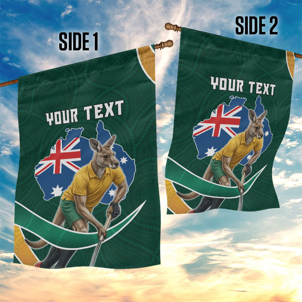 Personalized Kookaburras Field Hockey Kangaroo Garden Flag Australian Flag Map With Abstract Green And Gold Wave Pattern