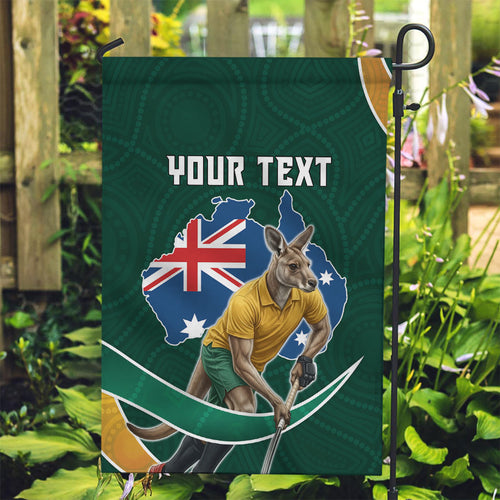 Personalized Kookaburras Field Hockey Kangaroo Garden Flag Australian Flag Map With Abstract Green And Gold Wave Pattern