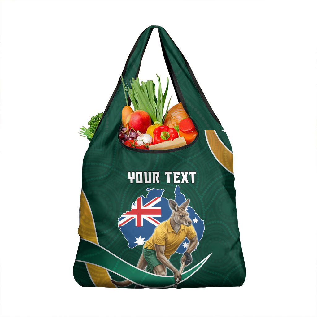 Personalized Kookaburras Field Hockey Kangaroo Grocery Bag Australian Flag Map With Abstract Green And Gold Wave Pattern