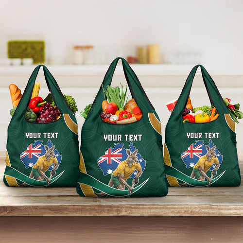 Personalized Kookaburras Field Hockey Kangaroo Grocery Bag Australian Flag Map With Abstract Green And Gold Wave Pattern