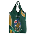 Personalized Kookaburras Field Hockey Kangaroo Grocery Bag Australian Flag Map With Abstract Green And Gold Wave Pattern