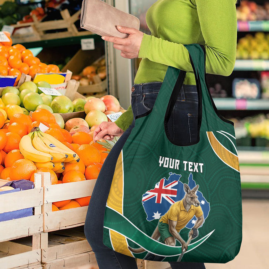 Personalized Kookaburras Field Hockey Kangaroo Grocery Bag Australian Flag Map With Abstract Green And Gold Wave Pattern