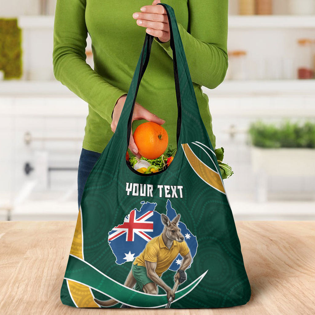 Personalized Kookaburras Field Hockey Kangaroo Grocery Bag Australian Flag Map With Abstract Green And Gold Wave Pattern