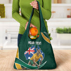 Personalized Kookaburras Field Hockey Kangaroo Grocery Bag Australian Flag Map With Abstract Green And Gold Wave Pattern