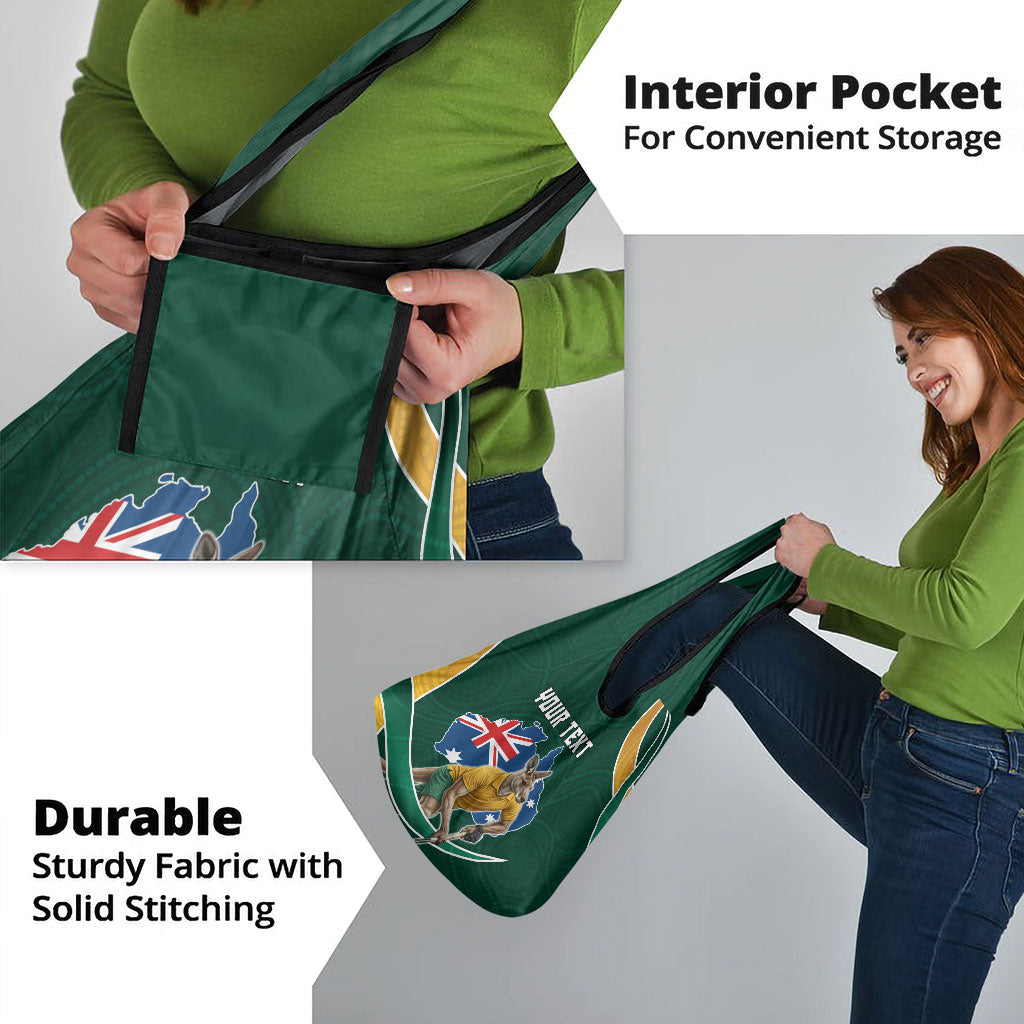 Personalized Kookaburras Field Hockey Kangaroo Grocery Bag Australian Flag Map With Abstract Green And Gold Wave Pattern