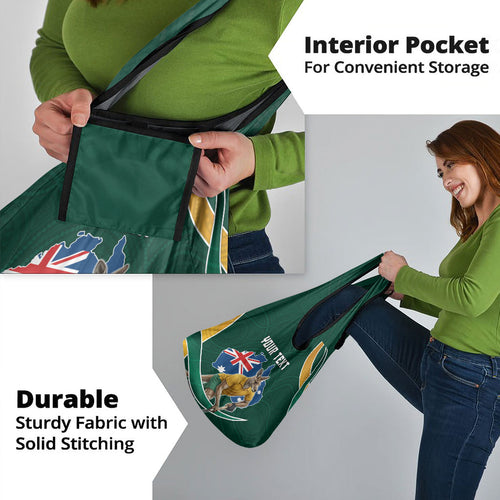 Personalized Kookaburras Field Hockey Kangaroo Grocery Bag Australian Flag Map With Abstract Green And Gold Wave Pattern