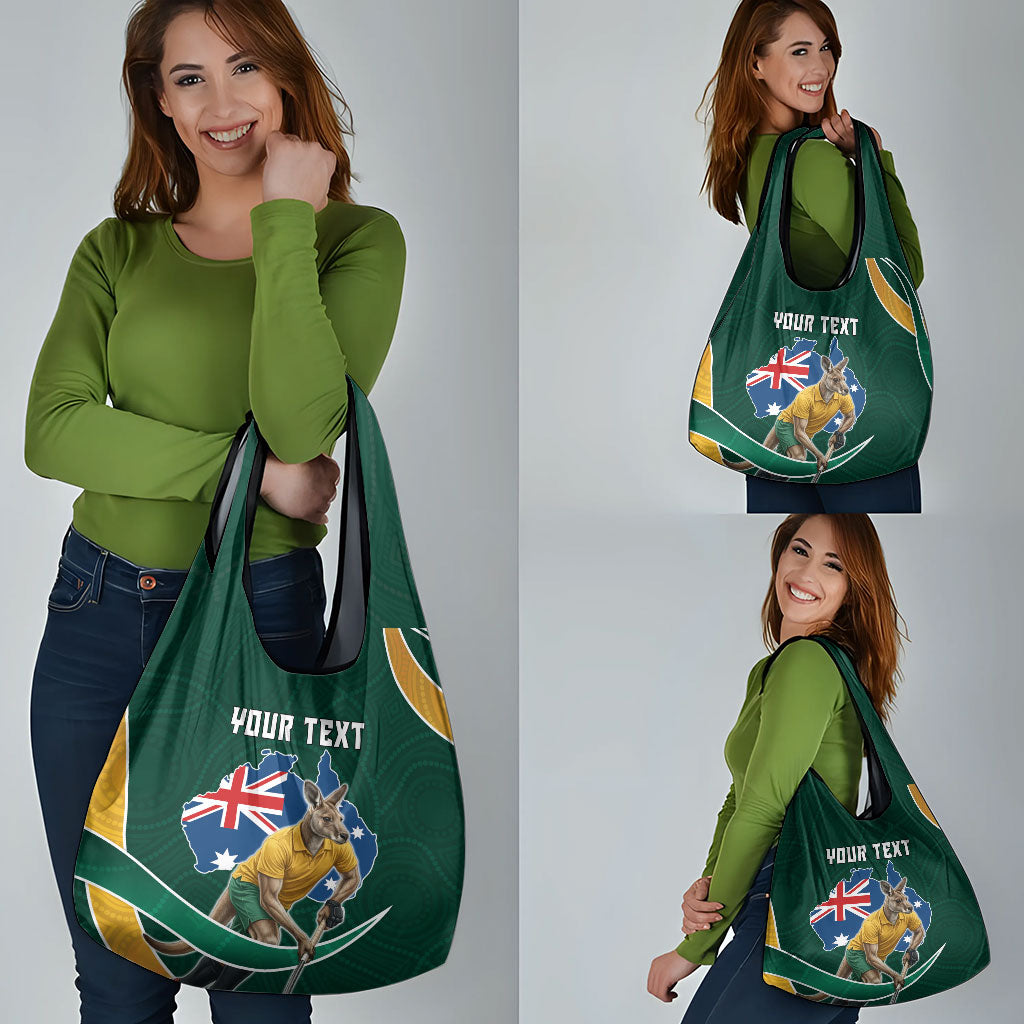 Personalized Kookaburras Field Hockey Kangaroo Grocery Bag Australian Flag Map With Abstract Green And Gold Wave Pattern