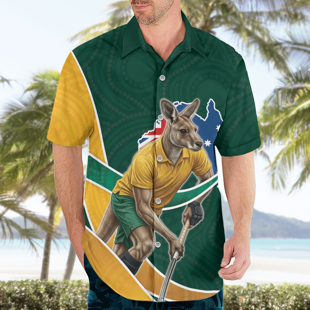 Personalized Kookaburras Field Hockey Kangaroo Hawaiian Shirt Australian Flag Map With Abstract Green And Gold Wave Pattern