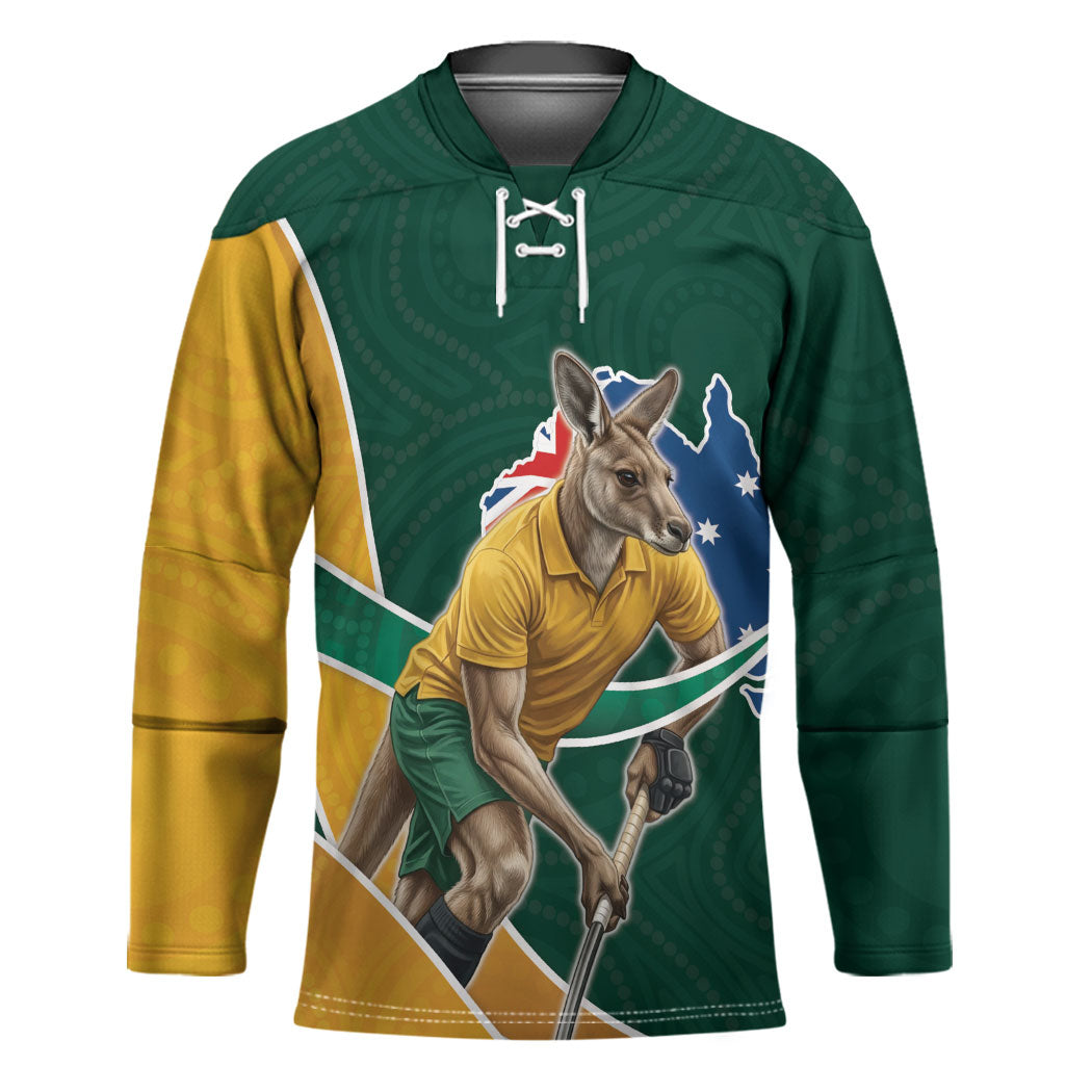 Personalized Kookaburras Field Hockey Kangaroo Hockey Jersey Australian Flag Map With Abstract Green And Gold Wave Pattern