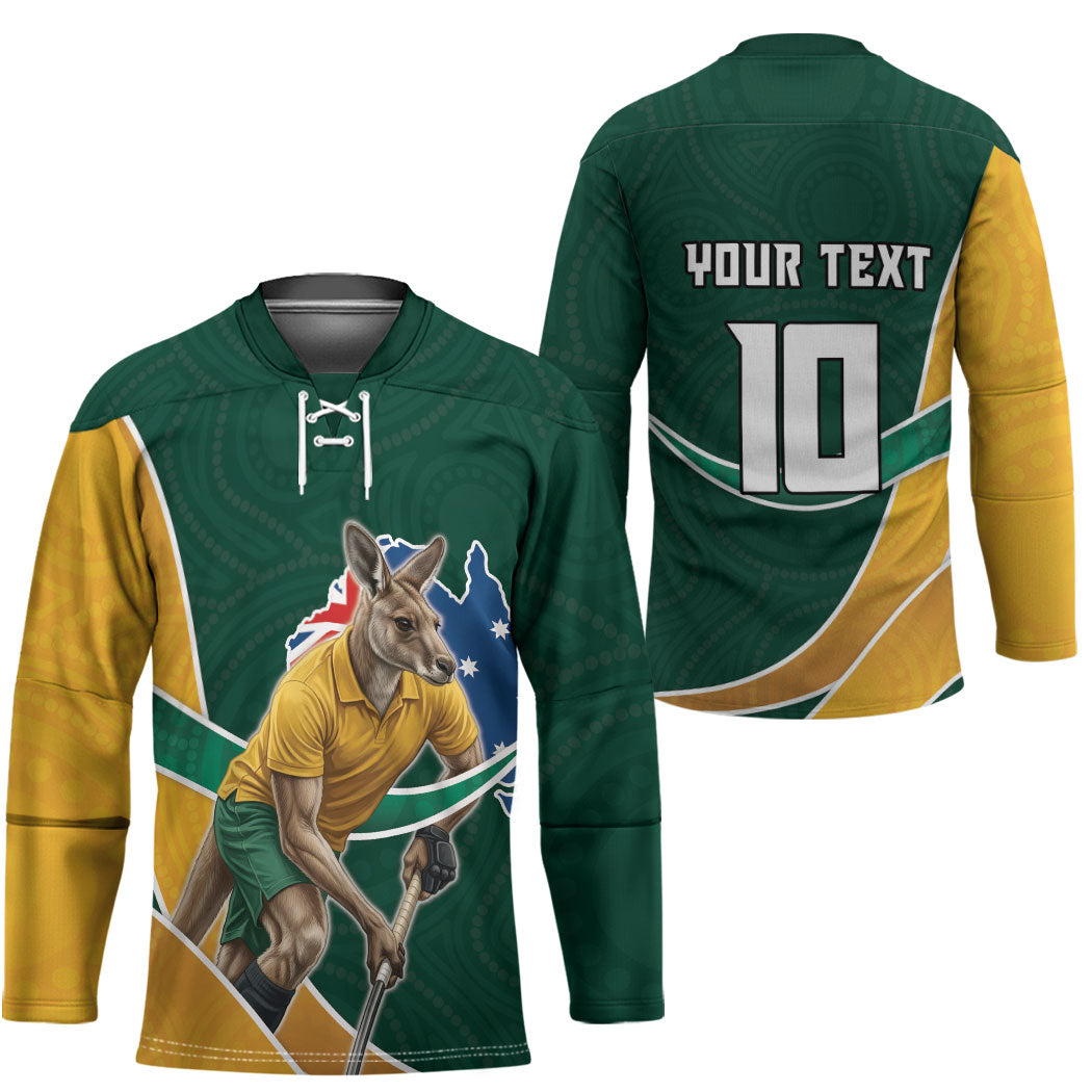 Personalized Kookaburras Field Hockey Kangaroo Hockey Jersey Australian Flag Map With Abstract Green And Gold Wave Pattern