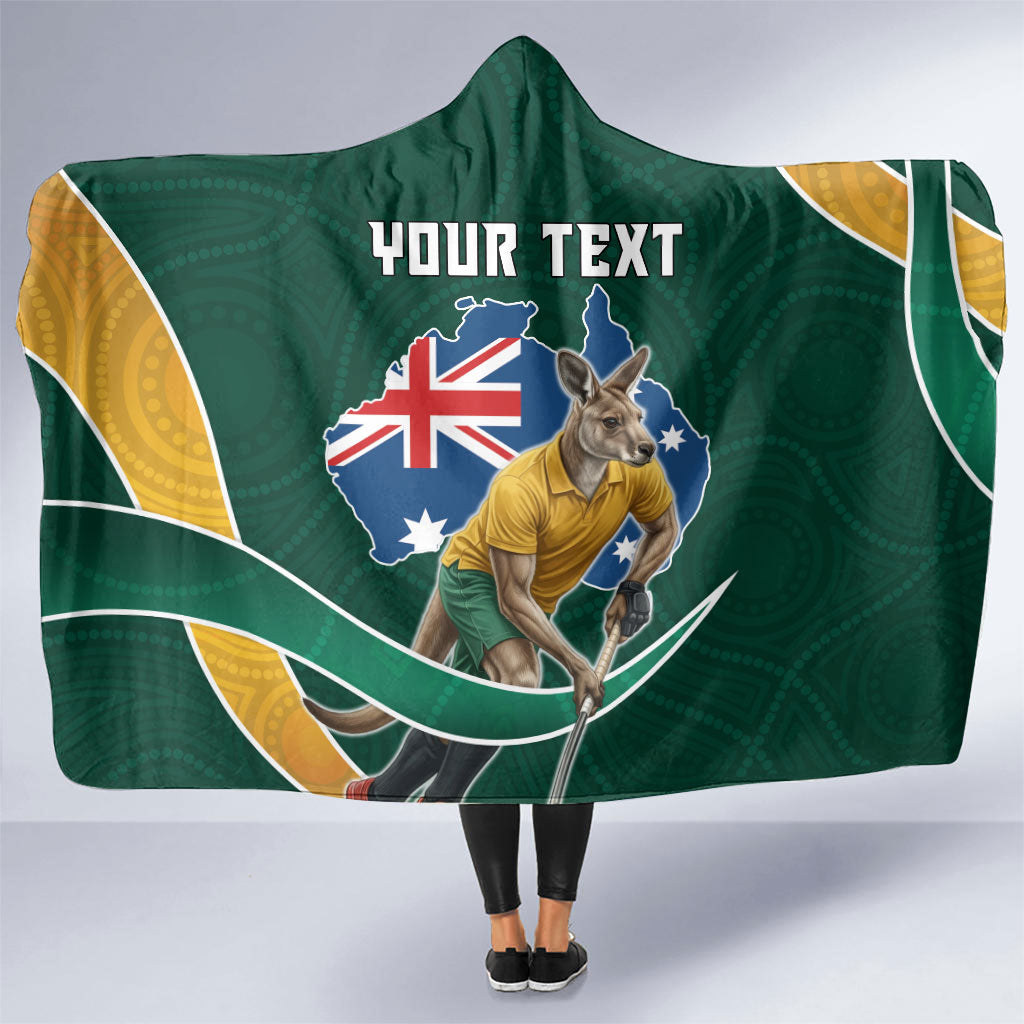Personalized Kookaburras Field Hockey Kangaroo Hooded Blanket Australian Flag Map With Abstract Green And Gold Wave Pattern