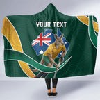 Personalized Kookaburras Field Hockey Kangaroo Hooded Blanket Australian Flag Map With Abstract Green And Gold Wave Pattern