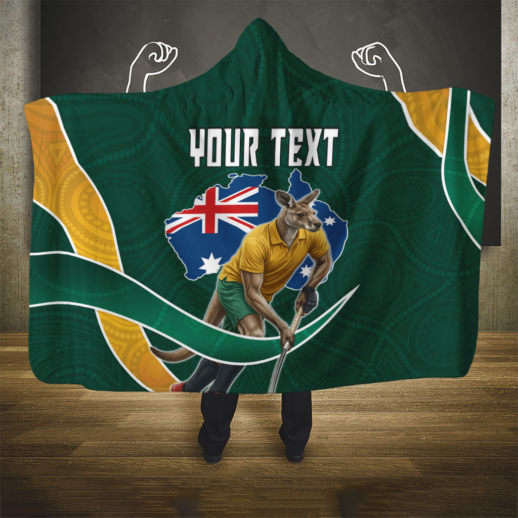 Personalized Kookaburras Field Hockey Kangaroo Hooded Blanket Australian Flag Map With Abstract Green And Gold Wave Pattern