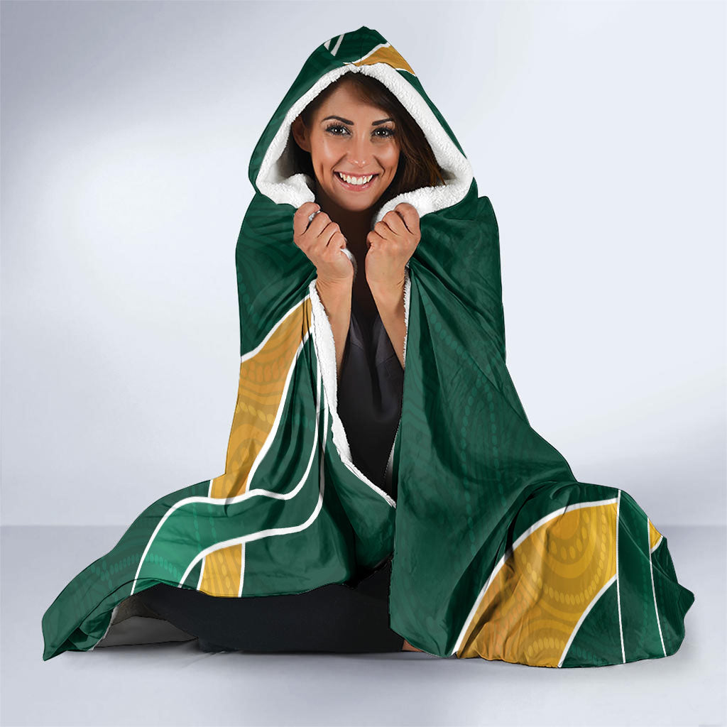 Personalized Kookaburras Field Hockey Kangaroo Hooded Blanket Australian Flag Map With Abstract Green And Gold Wave Pattern