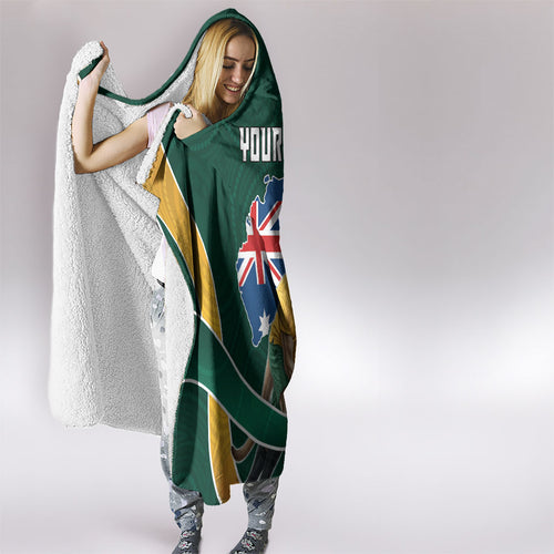 Personalized Kookaburras Field Hockey Kangaroo Hooded Blanket Australian Flag Map With Abstract Green And Gold Wave Pattern