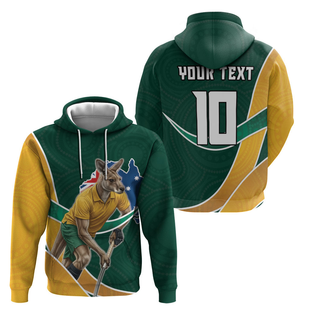 Personalized Kookaburras Field Hockey Kangaroo Hoodie Australian Flag Map With Abstract Green And Gold Wave Pattern