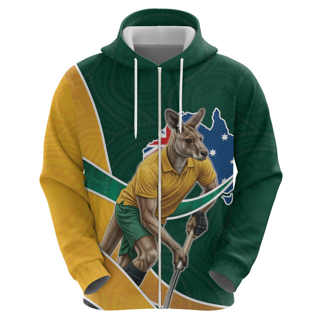 Personalized Kookaburras Field Hockey Kangaroo Hoodie Australian Flag Map With Abstract Green And Gold Wave Pattern