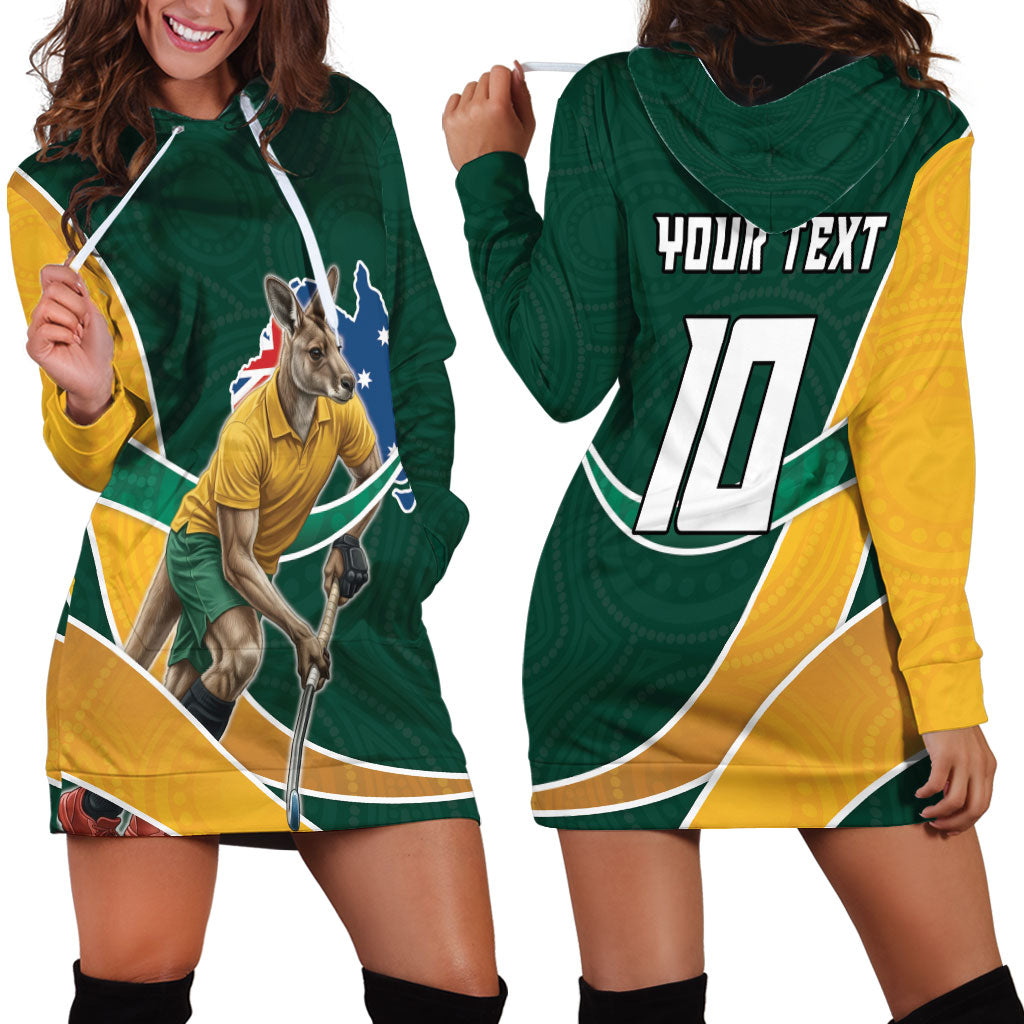 Personalized Kookaburras Field Hockey Kangaroo Hoodie Dress Australian Flag Map With Abstract Green And Gold Wave Pattern