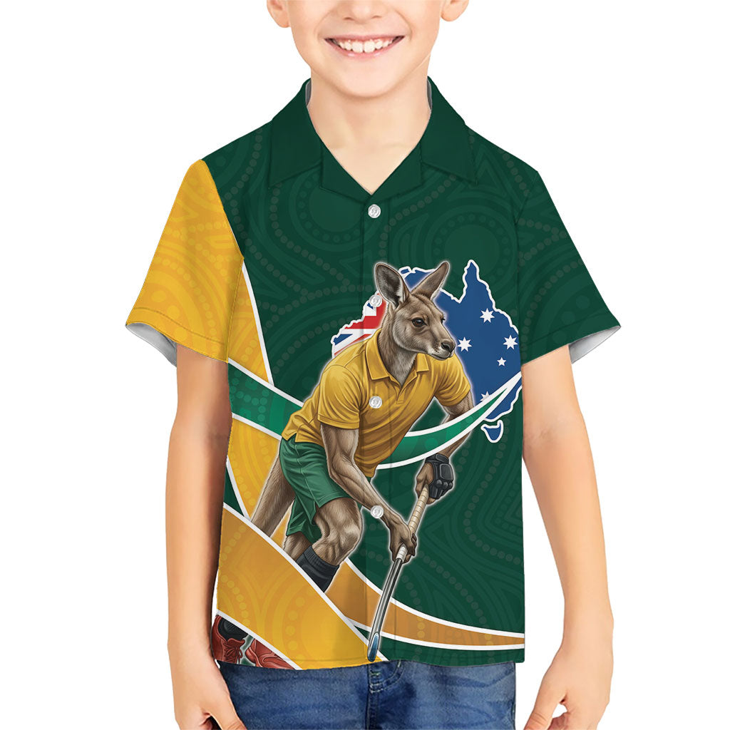Personalized Kookaburras Field Hockey Kangaroo Kid Hawaiian Shirt Australian Flag Map With Abstract Green And Gold Wave Pattern